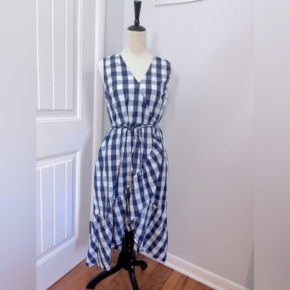 POPSUGAR GINGHAM DRESS SZ M RUFFLE HEM FAUX WRAP SKIRT BLUE WHITE - Picture 3 of 15